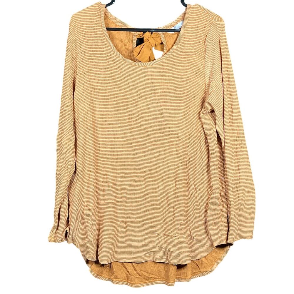 LC Lauren Conrad Women Blouse Yellow Striped Key Hole Back Tie Tunic Stretch L